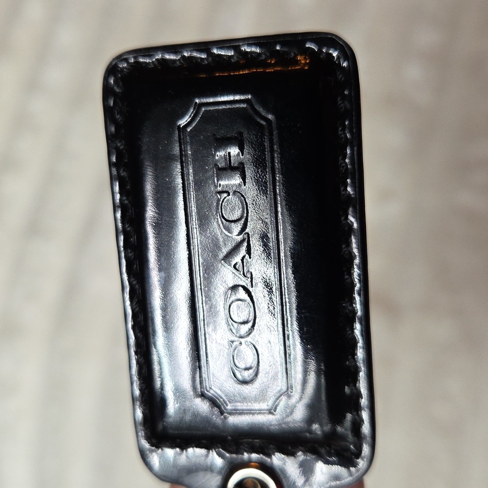 COACH 2.5" BLACK PATENT Leather SILVER Keyring Hangtag Purse Charm